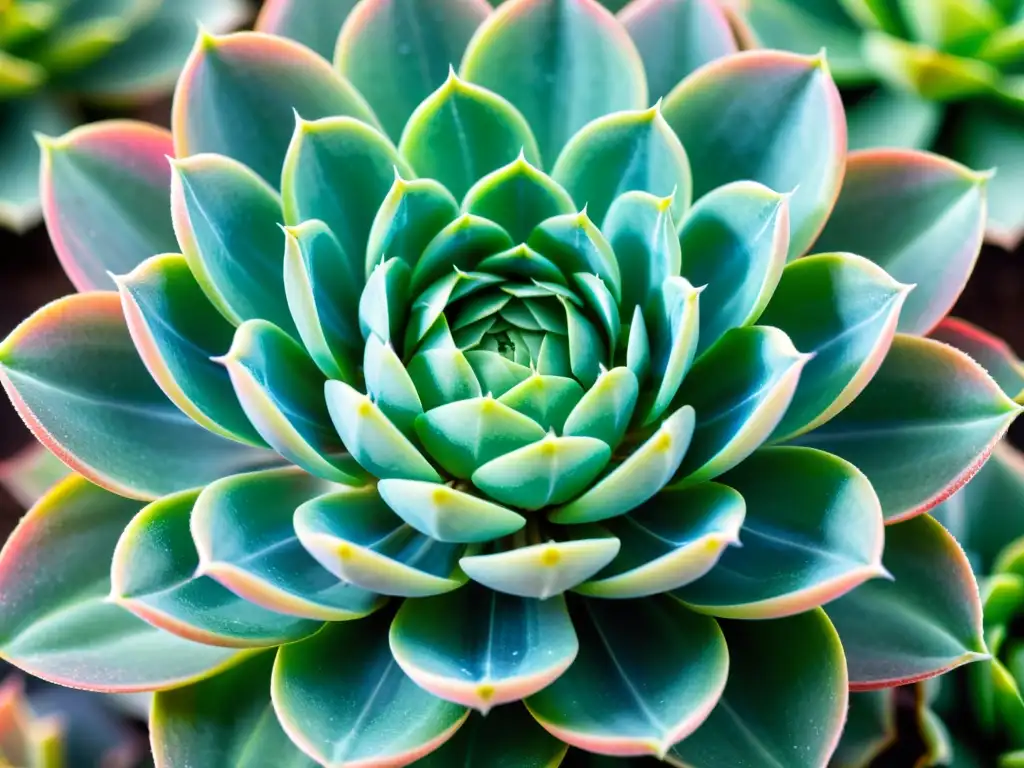 Detallada sucesión de cuidado suculentas raras: Echeveria 'Raindrops' con hojas azul-verdosas, bordes rosa y gotas de agua