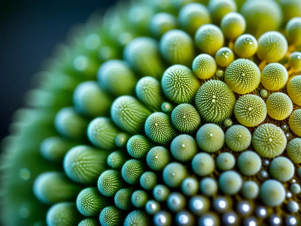 'Fotografía detallada de una espora de helecho raro bajo microscopio, mostrando estructuras reproductivas y patrones en su superficie