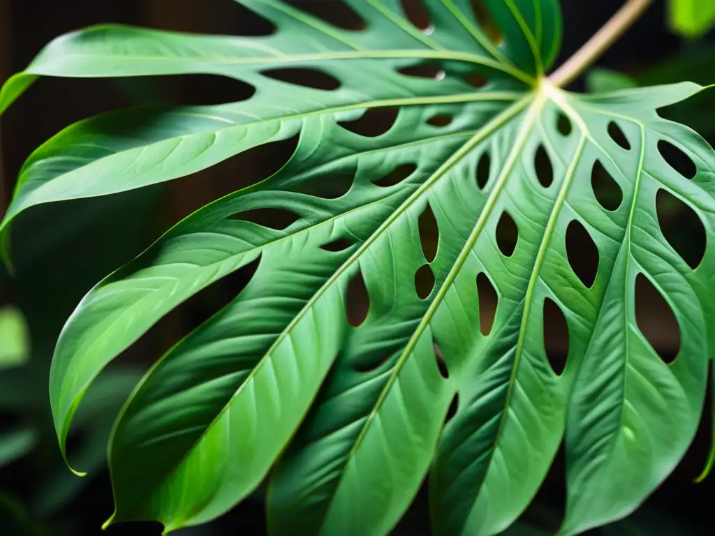 Detallada fotografía de una exuberante hoja de Monstera deliciosa, bañada en suave luz natural