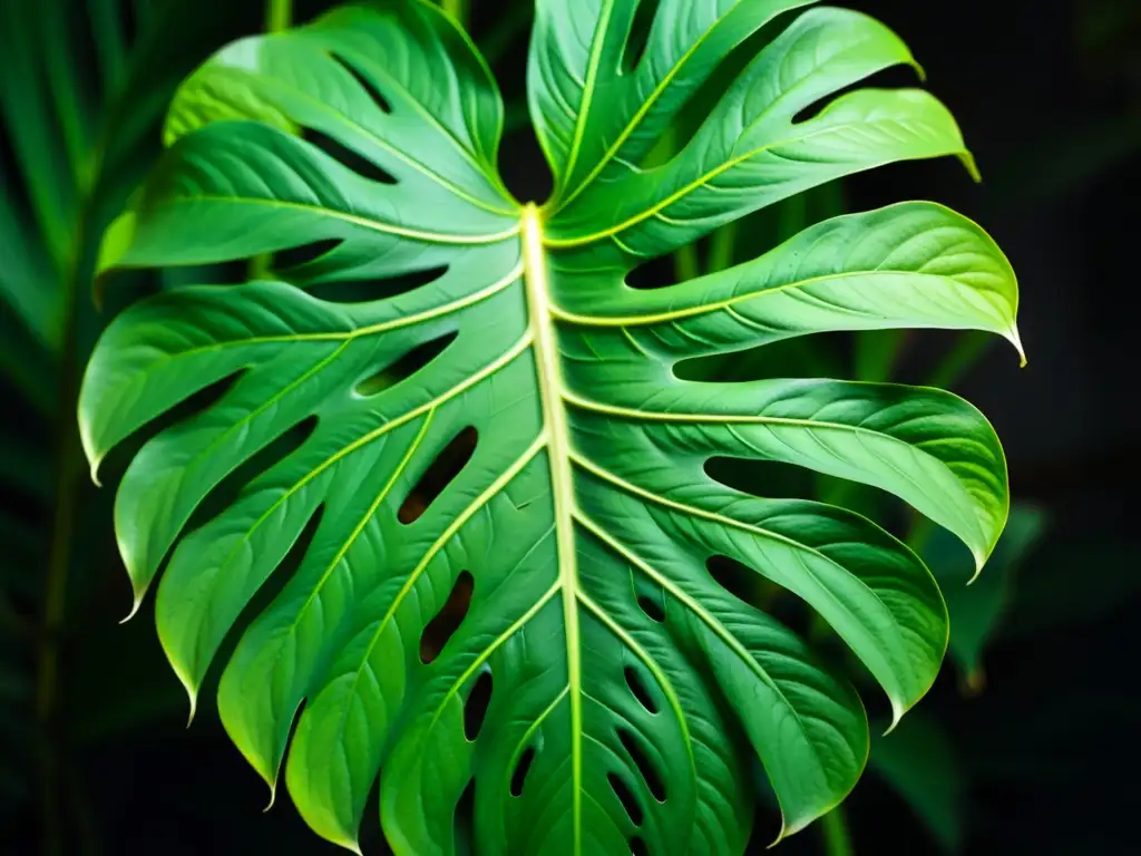 Una fotografía detallada de una exuberante hoja de Monstera deliciosa, resaltando sus patrones e texturas