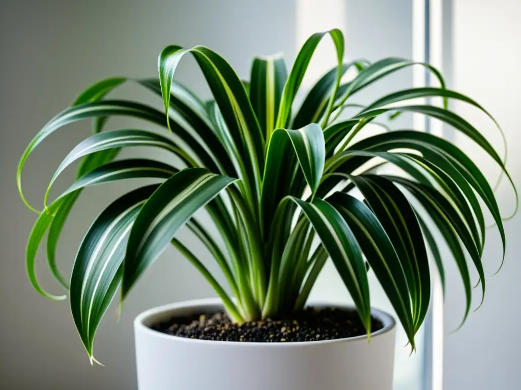 Una fotografía detallada de una exuberante planta araña (Chlorophytum comosum) en una elegante maceta blanca