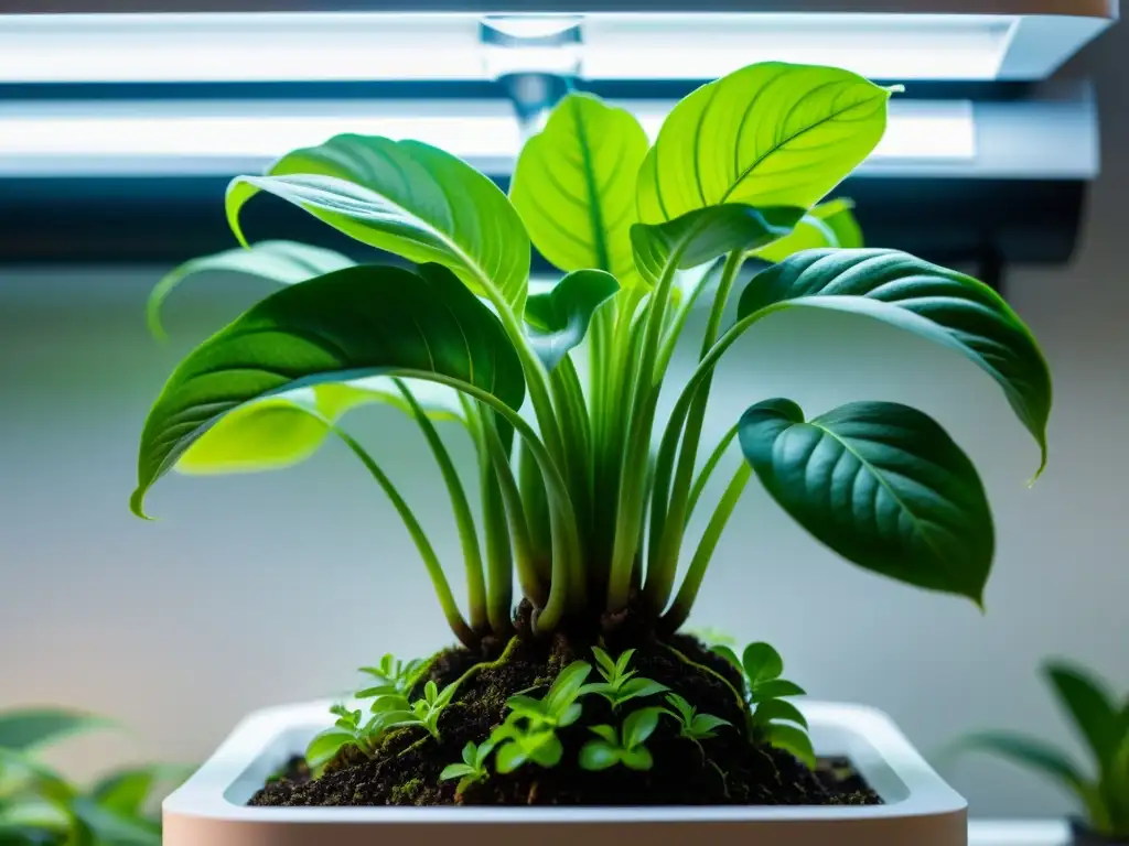 Detallada fotografía de una exuberante planta de interior en sistema hidropónico, mostrando sostenibilidad y reutilización de agua