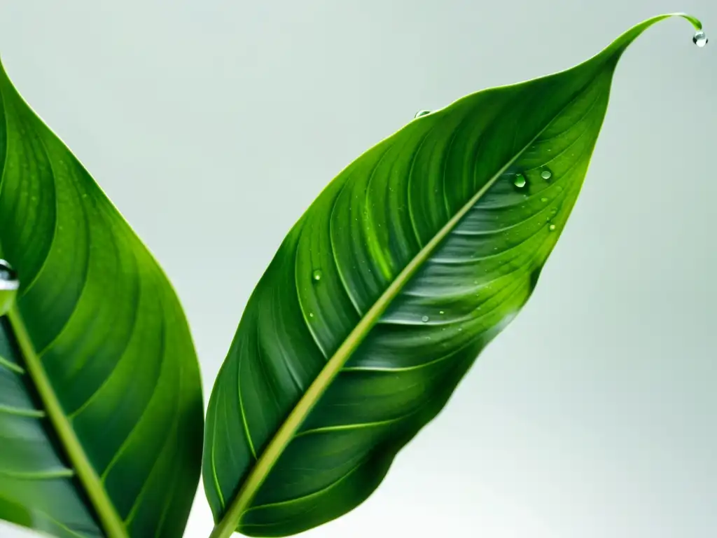 Una fotografía detallada de una exuberante planta de lirio de la paz verde, con gotas de agua, sobre fondo blanco