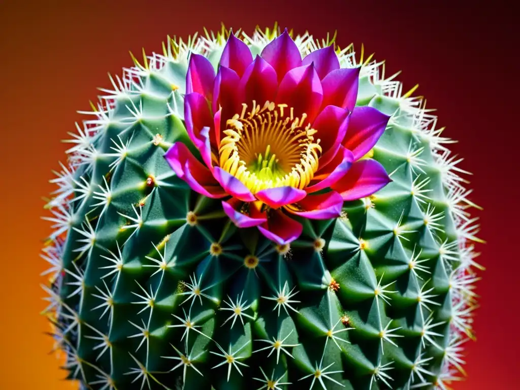 Detallada flor de cactus exótico en plena floración, con patrones y texturas vibrantes, destacando contra un fondo limpio