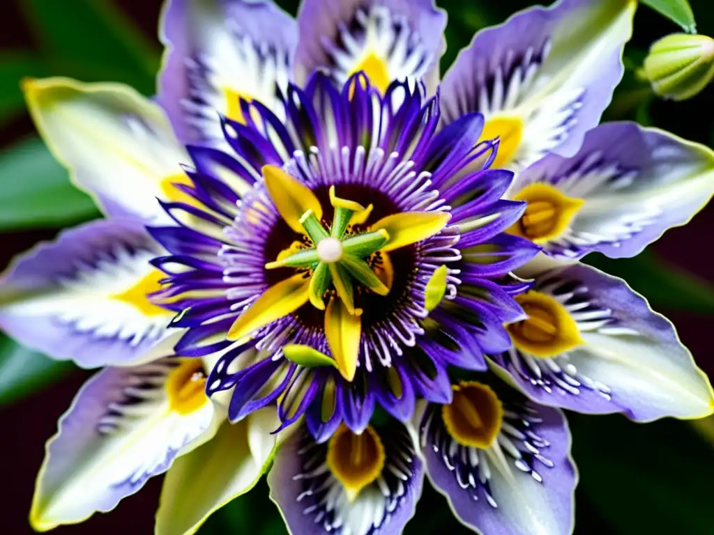 Detallada flor de pasionaria morada y amarilla, atractiva para polinizadores en jardín comunitario