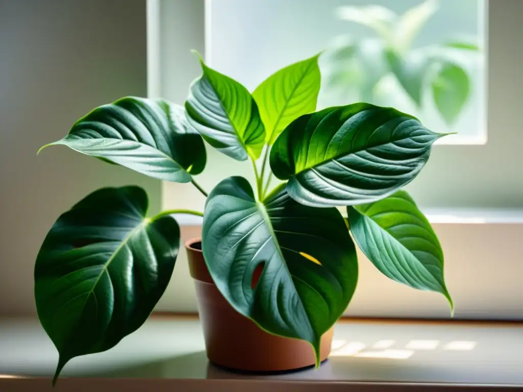 Detallada foto de planta de interior verde exuberante, maximizando fotosíntesis en ambiente sereno y bien iluminado