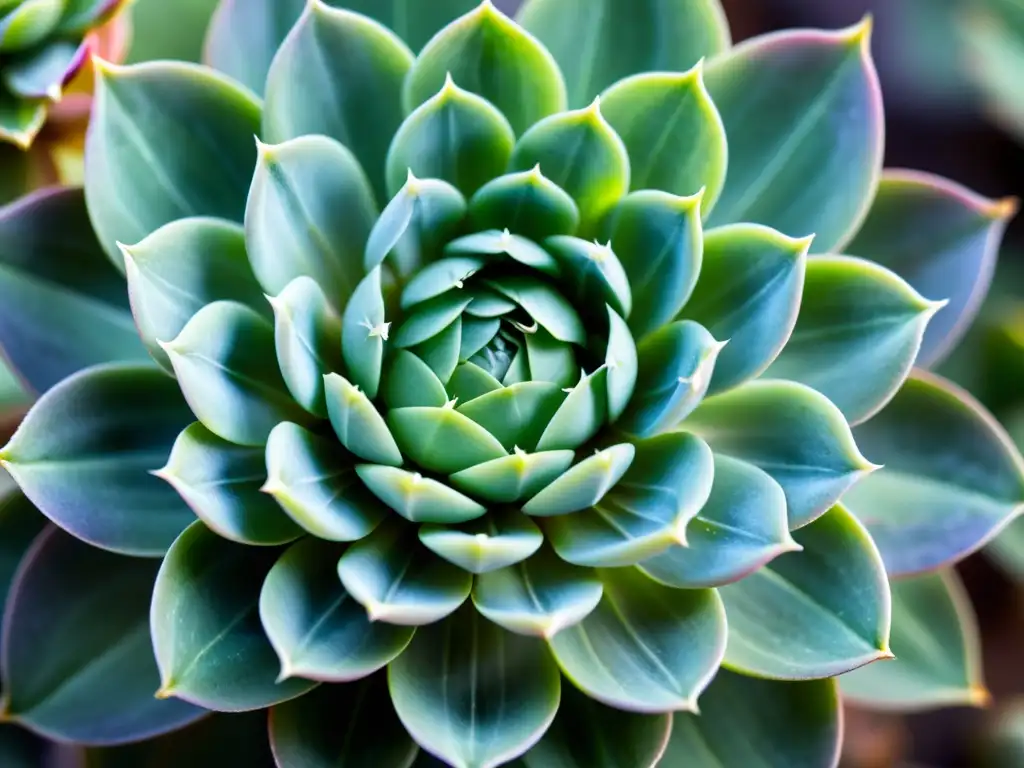 Detallada foto de una rara Echeveria con hojas verdes y lavanda en espiral, cubiertas de delicados pelos plateados y gotas de rocío