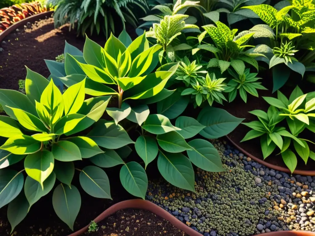 Detallada foto de jardín urbano con sustratos innovadores horticultura urbana, luz solar filtrándose entre hojas y patrones de sombra y luz