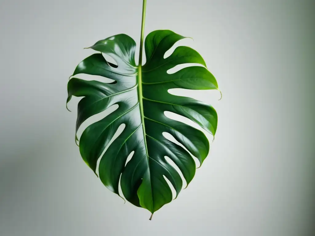 Una fotografía detallada de una hoja exuberante de Monstera Deliciosa, resaltando sus intrincadas venas y la luz sobre su superficie