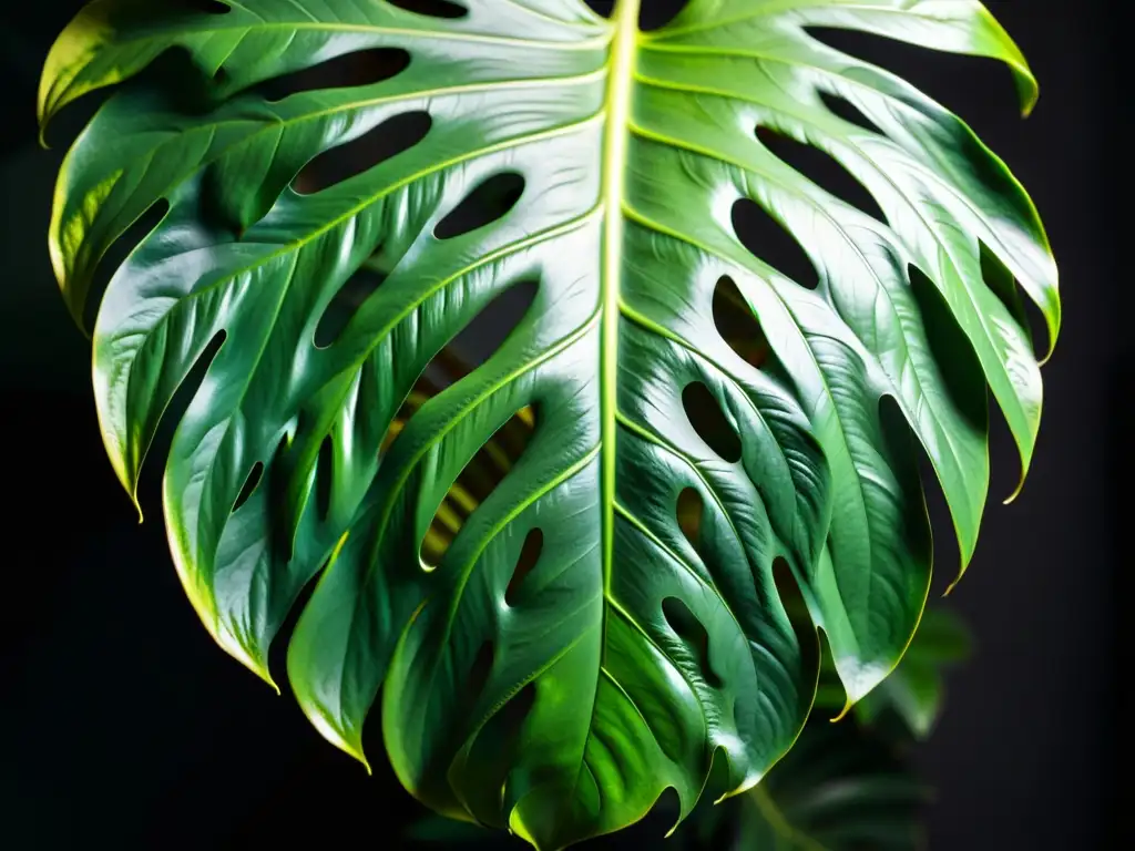 Detallada fotografía de una hoja exuberante de Monstera deliciosa, con patrones y texturas, iluminada por el sol, creando un impacto visual cautivador