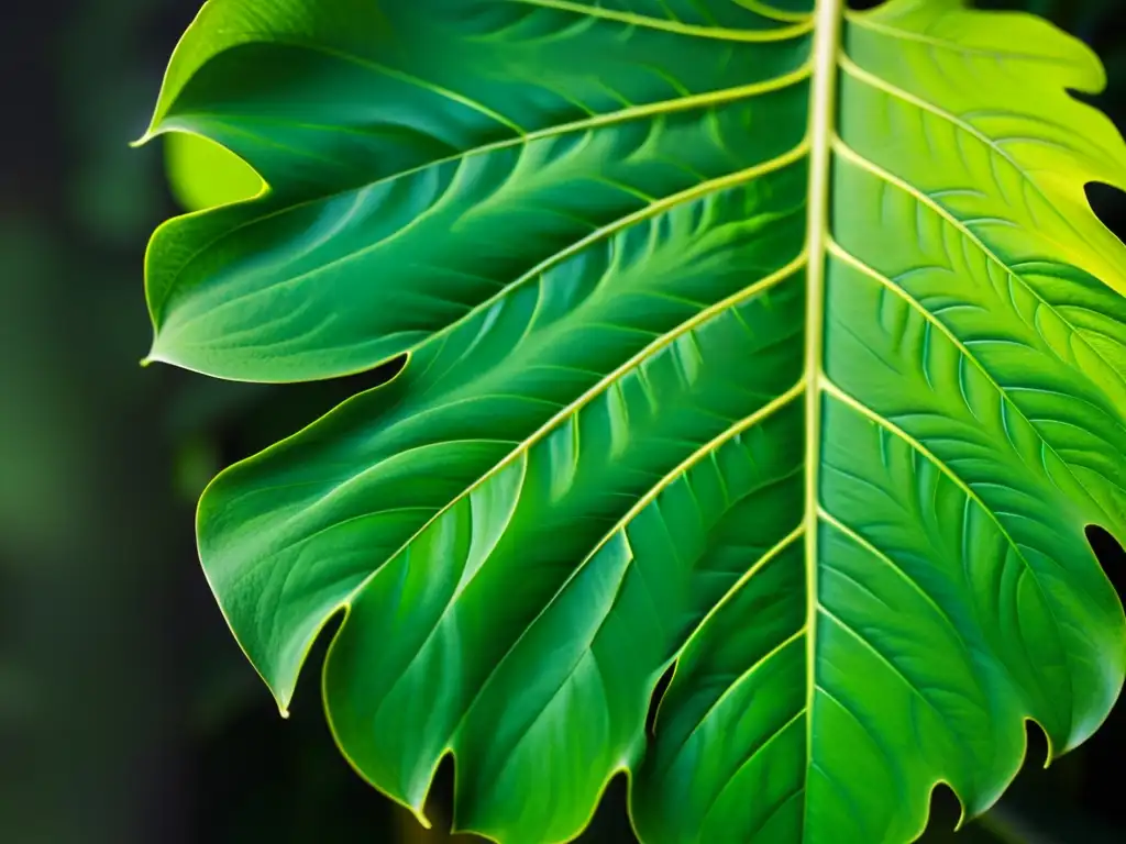 Una fotografía detallada de una hoja madura de Monstera Deliciosa, resaltando sus patrones intrincados y un color verde vibrante