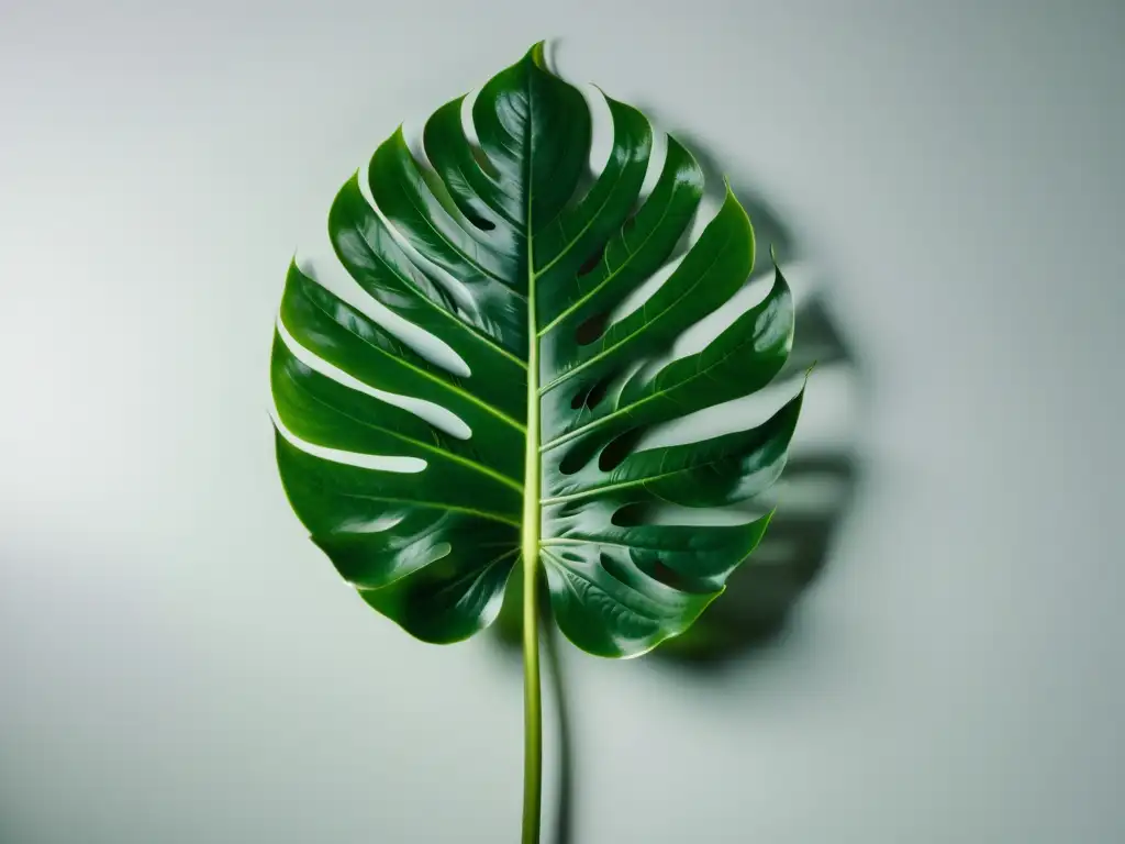 Detallada hoja de monstera deliciosa en verde intenso sobre fondo blanco, destacando su textura