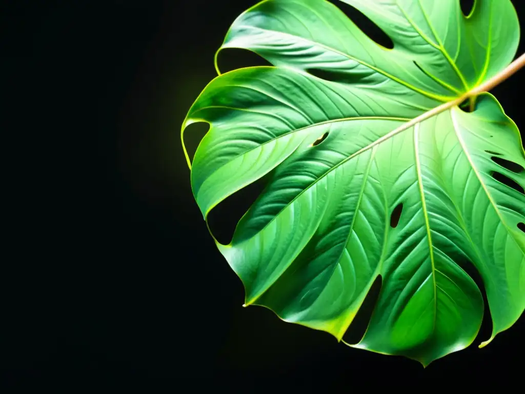 Detallada hoja de monstera verde, con patrones e texturas