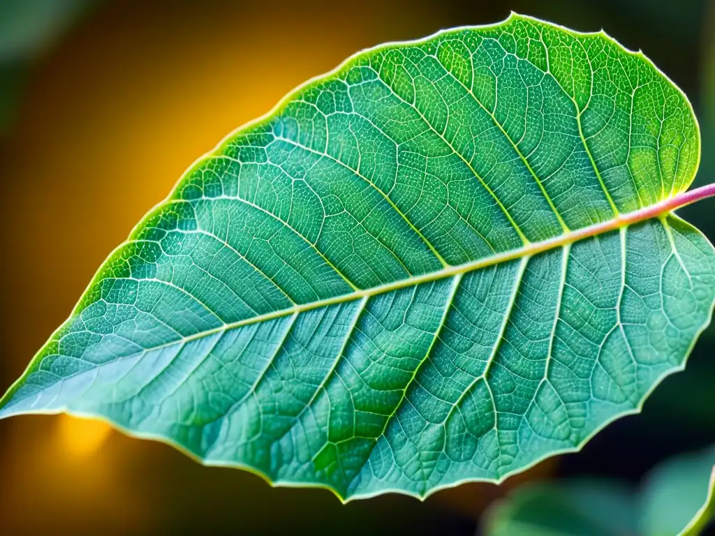 Detallada hoja de planta verde resaltando pigmentación y venas bajo luz artificial, realzando su belleza natural y potencial transformador