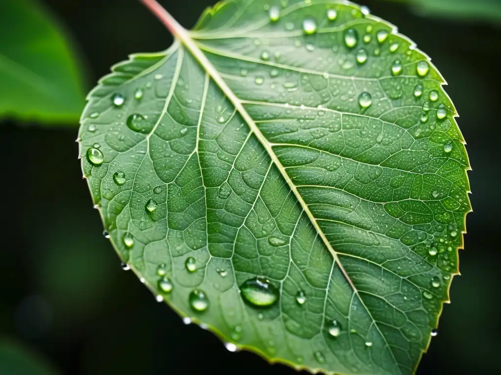 Detallada fotografía de una hoja verde con diminutas gotas de agua brillando