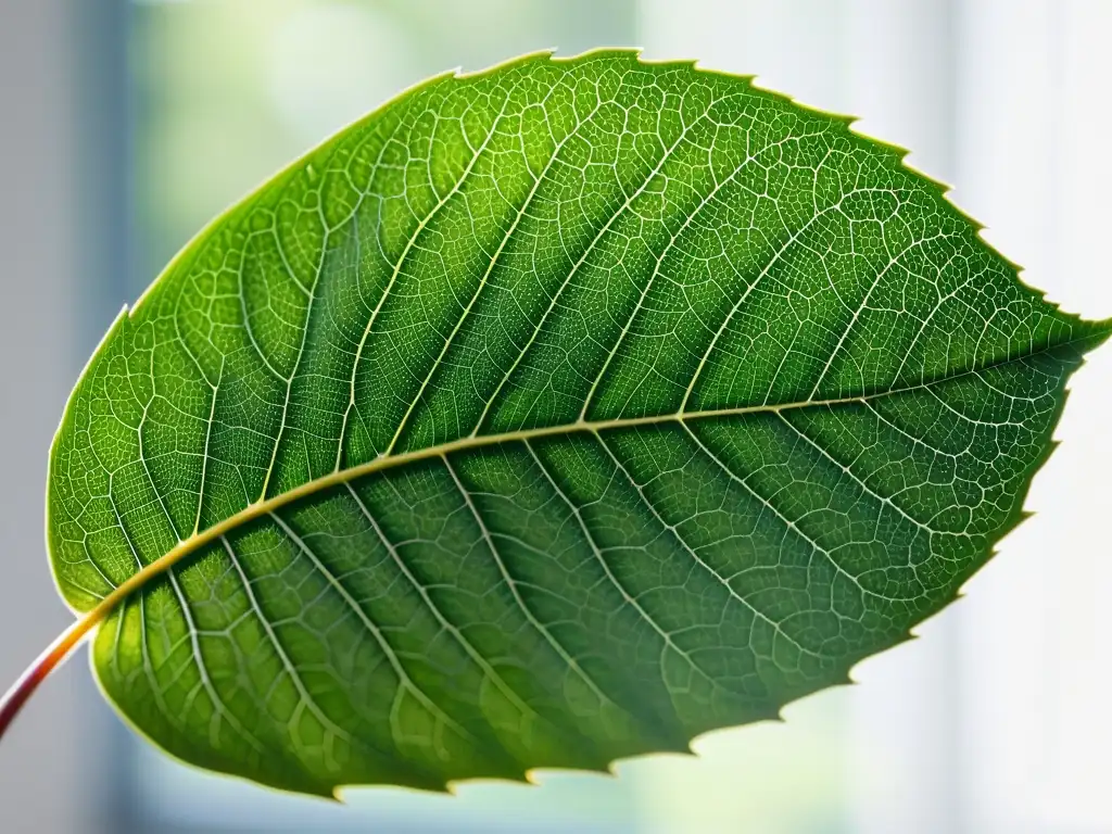 Detallada fotografía de una hoja verde iluminada por luz natural