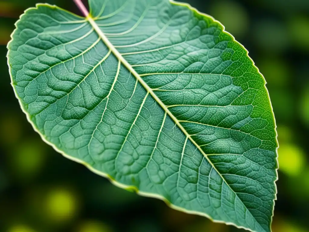 Detallada hoja verde con venas delicadas, iluminada y en primer plano, evocando tranquilidad y belleza natural