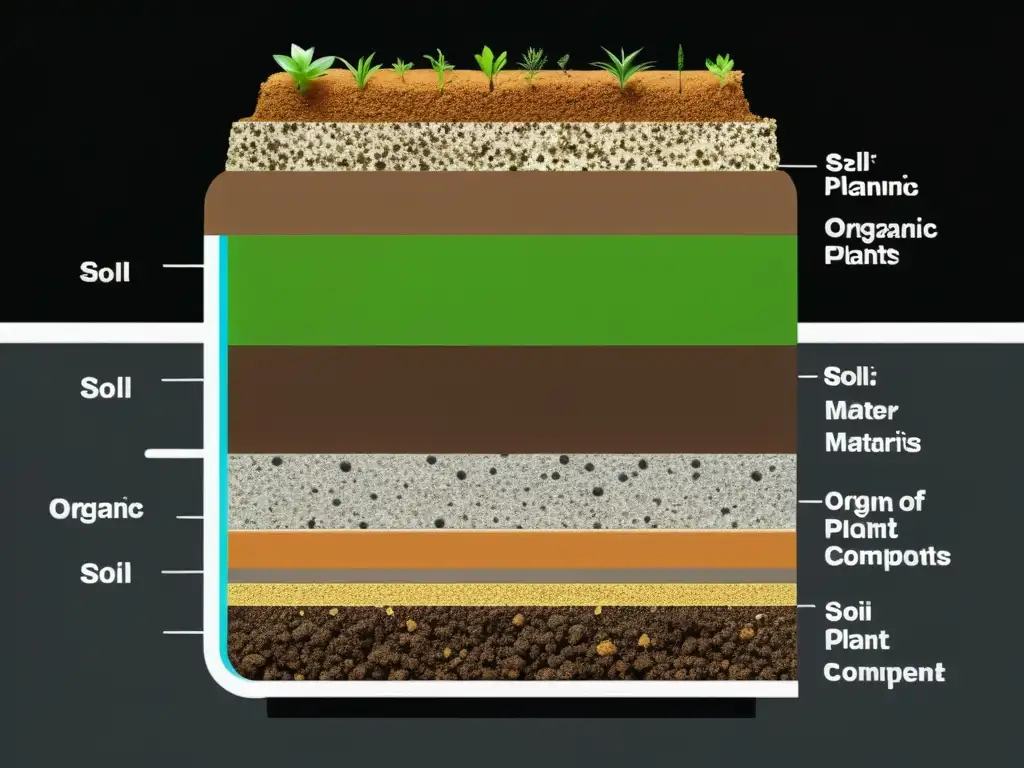 Detallada composición ideal suelo plantas interior en capas, destacando balance orgánico, perlita y arena en imagen 8k