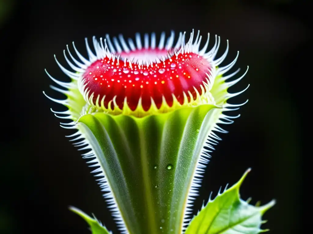 Detallada imagen de una Venus atrapamoscas con sus intensos colores y estructura delicada, contrastando con un fondo oscuro