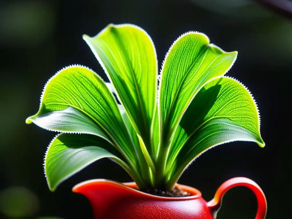 Detallada imagen de Cephalotus follicularis, planta carnívora única, con hojas verdes vibrantes y patrones rojos y blancos