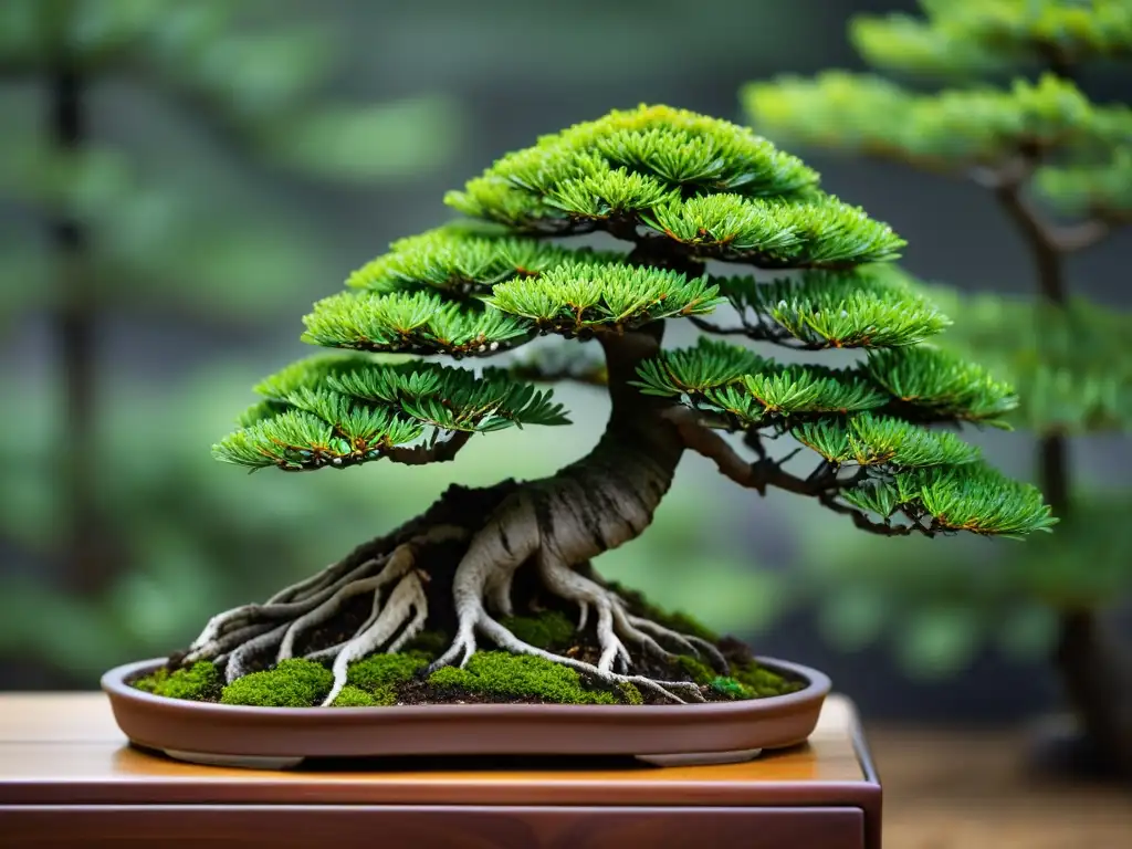 Detallada imagen de un delicado árbol bonsái con hojas podadas y ramas perfectamente formadas