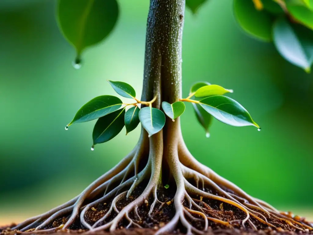 Detallada imagen de enraizamiento aéreo de Ficus, con gotas de agua y follaje borroso, creando una atmósfera serena y minimalista