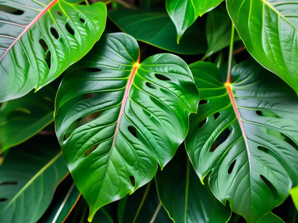 Detallada imagen de la exótica planta 'Philodendron Spiritus Sancti', con hojas verdes esmeralda y venas plateadas, en composición minimalista