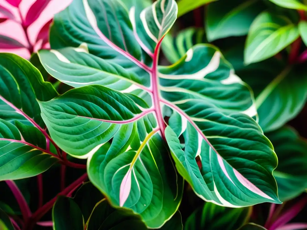 Detallada imagen de una exótica planta del Himalaya para interiores, Maranta leuconeura, con hojas verdes y patrones de venas rosadas