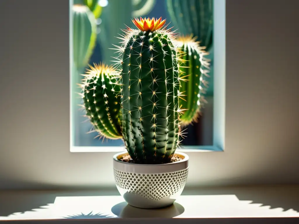 Detallada imagen de un exótico cactus verde en maceta blanca, bañado por suave luz solar