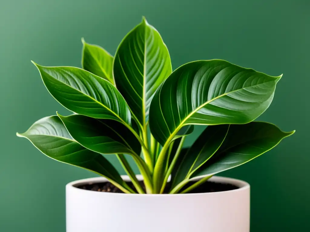 Detallada imagen de una exuberante planta de interior en un moderno macetero blanco