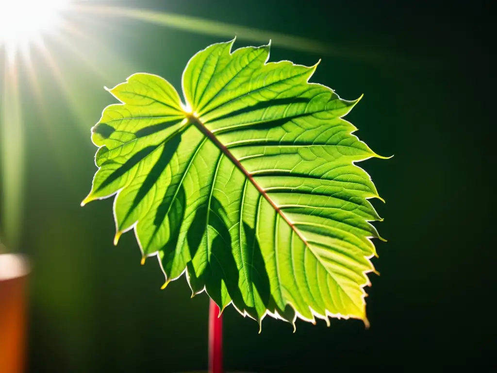 Detallada imagen de una exuberante planta verde en la luz solar directa, resaltando su color vibrante y textura delicada