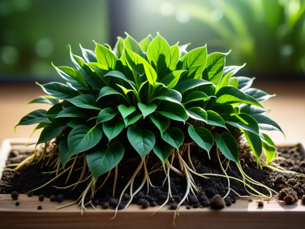 Detallada imagen de una exuberante planta de interior, destacando sus raíces enredadas en el suelo rico en sales minerales, iluminado por luz natural