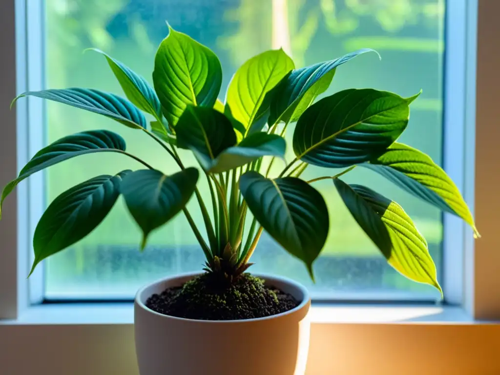 Detallada imagen de una exuberante planta de interior, con patrones delicados en las hojas, bañada en luz natural