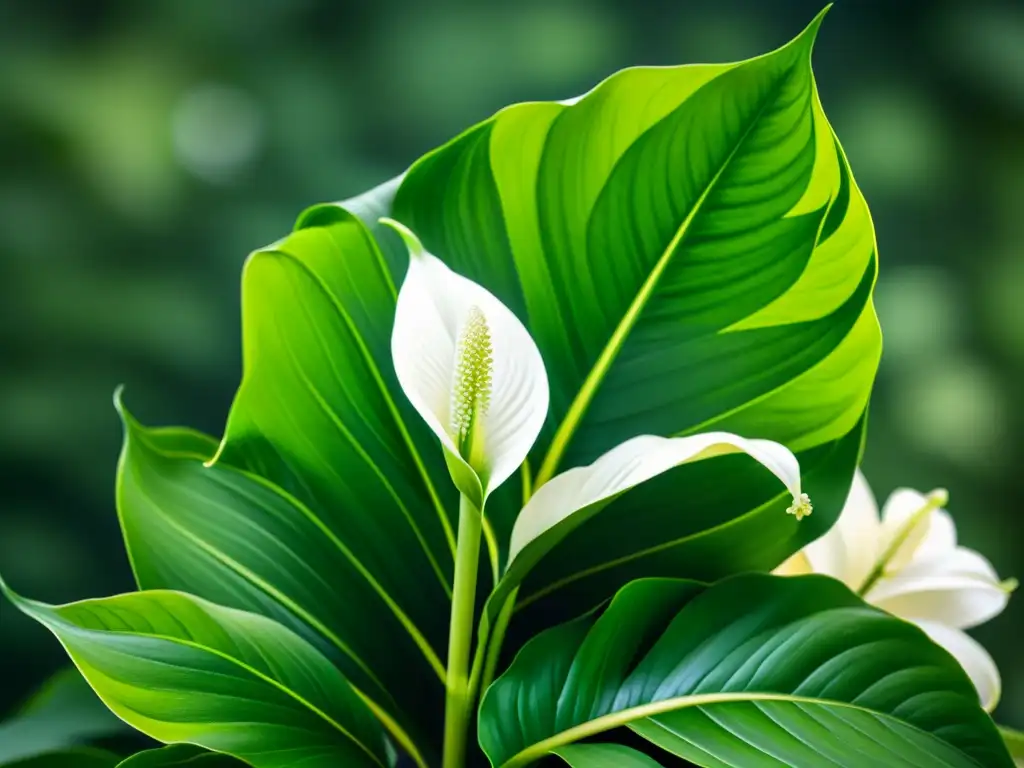 Detallada imagen de una exuberante planta de lirio de la paz, con flores blancas y hojas vibrantes