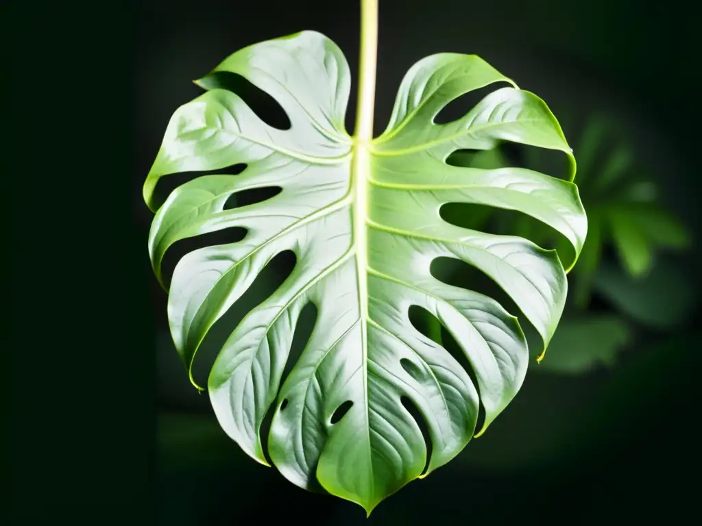 Detallada imagen de una exuberante planta monstera deliciosa en un entorno minimalista, transmitiendo tranquilidad y elegancia natural