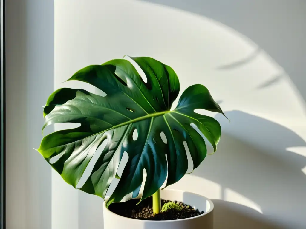 Detallada imagen de una exuberante planta monstera deliciosa en un elegante macetero, con luz solar proyectando sombras intrincadas