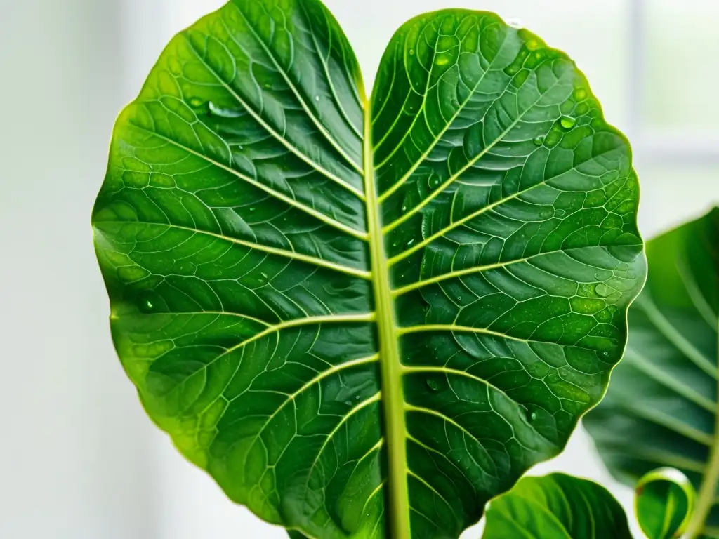 Detallada imagen de una exuberante planta de interior verde, con patrones intrincados en sus hojas