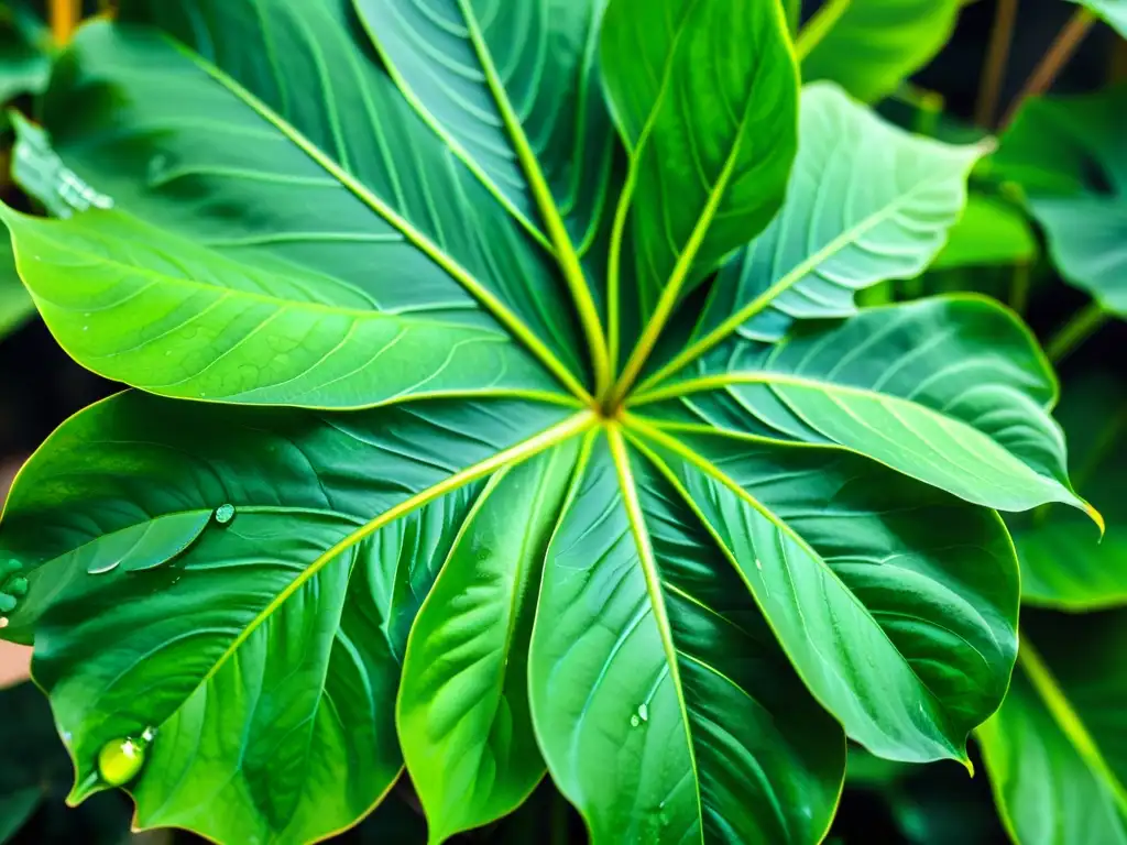 Detallada imagen de una exuberante planta Alocasia en interiores