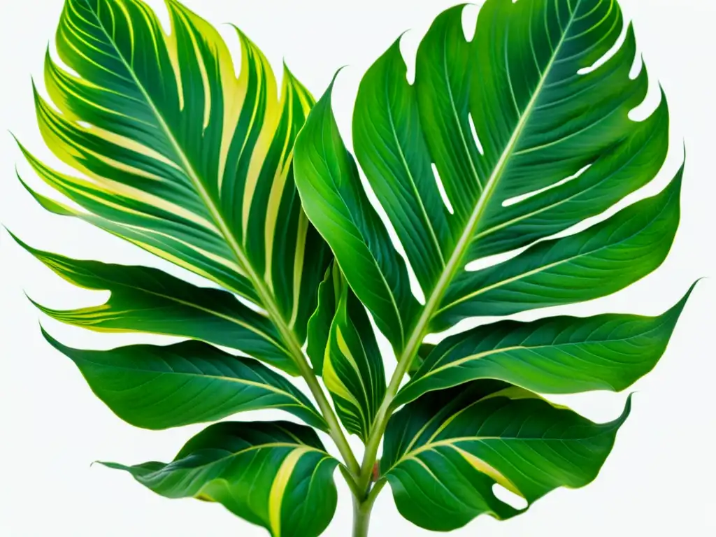 Detallada imagen de una exuberante planta Calathea con patrones intrincados en sus hojas, resaltando su belleza y detalles