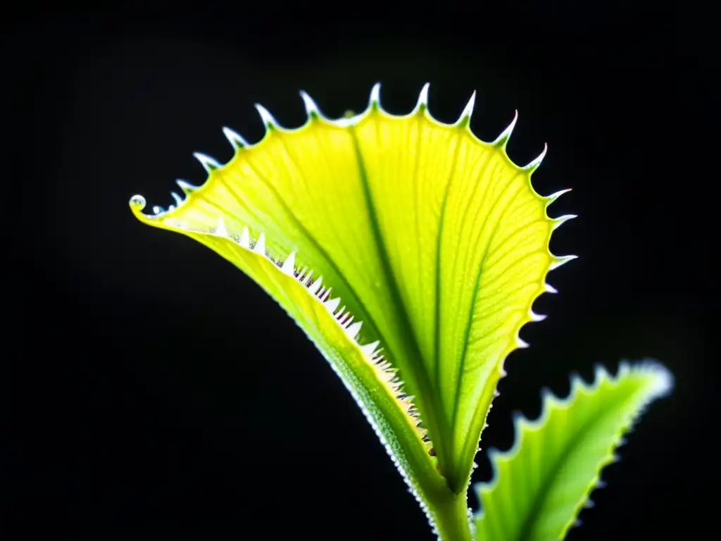 Detallada imagen de una exuberante planta carnívora Venus flytrap con gotas de rocío, sobre fondo negro