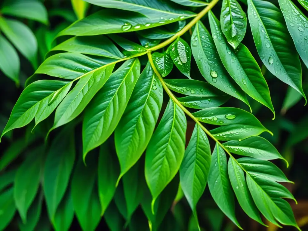 Detallada imagen de una exuberante planta tropical con hojas verdes vibrantes y gotas de agua