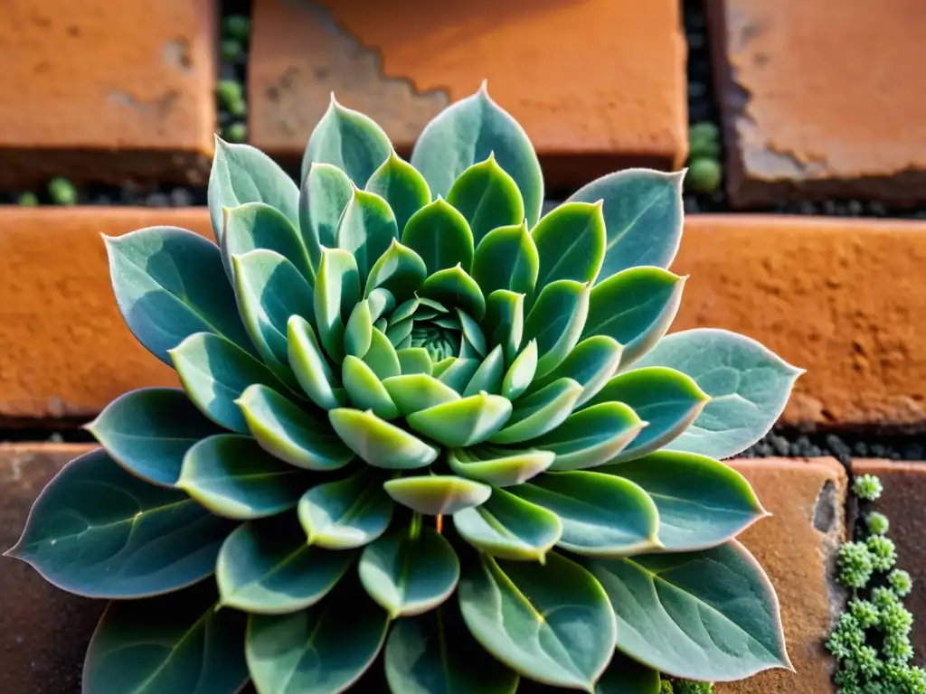 Detallada imagen de una exuberante planta de sedum verde sobre tejas de terracota desgastadas, bañada por la luz solar