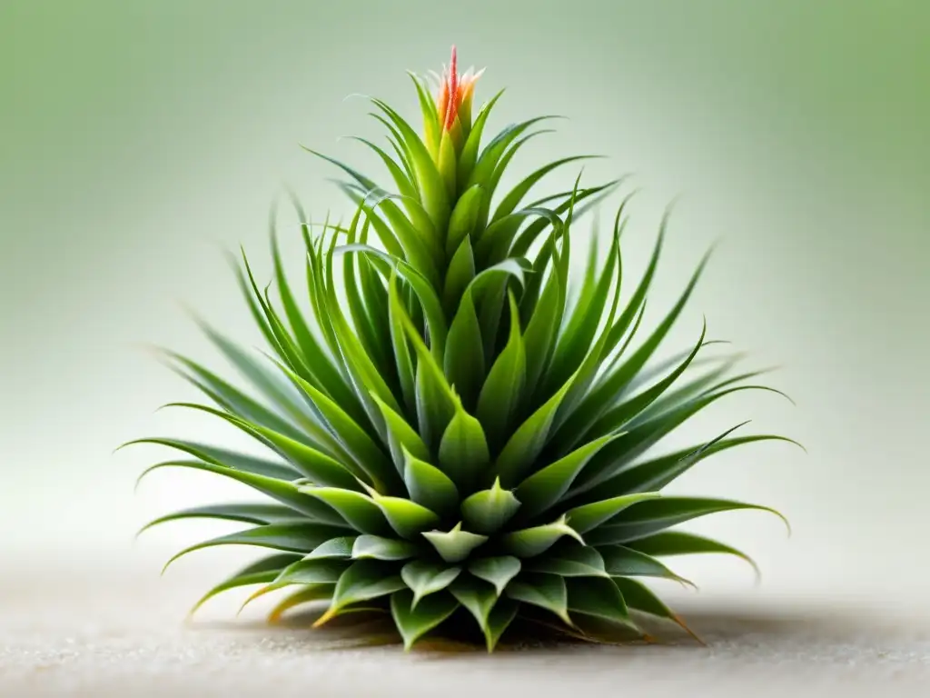 Detallada imagen de una exuberante planta de aire Tillandsia, con patrones intrincados en sus hojas, sobre fondo blanco