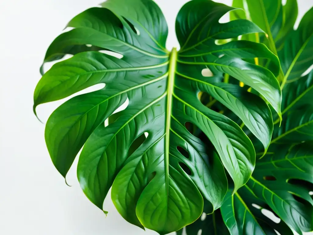 Detallada imagen de una exuberante planta de monstera con patrones intrincados en hojas verdes, simétricas, sobre fondo blanco