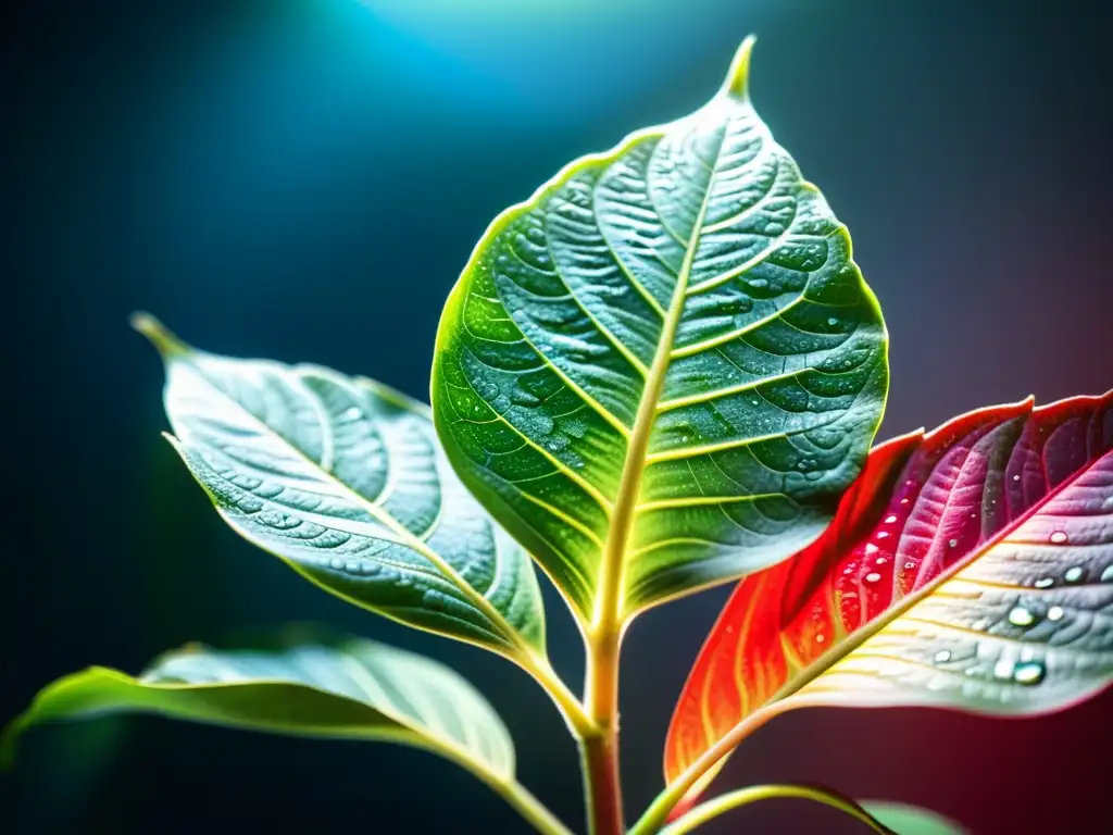 Detallada imagen de una exuberante planta de interior, iluminada por un cálido espectro de luz artificial, con gotas de agua en las hojas