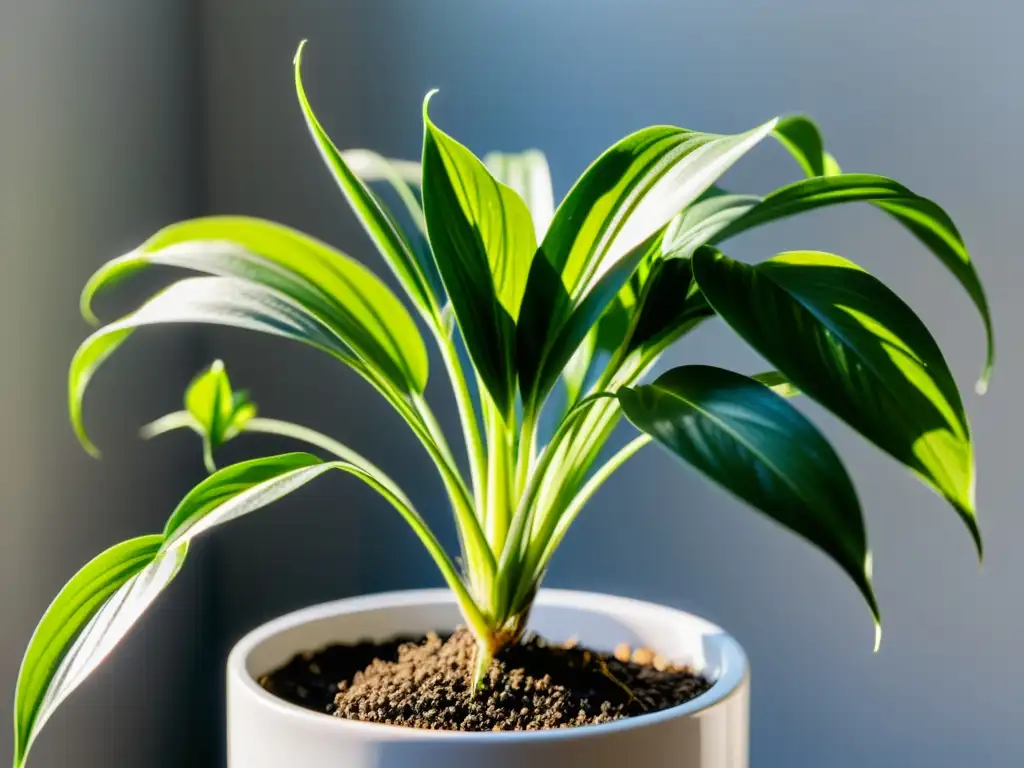 Detallada imagen de una exuberante planta de araña verde en un moderno macetero blanco, transmitiendo pureza y belleza natural