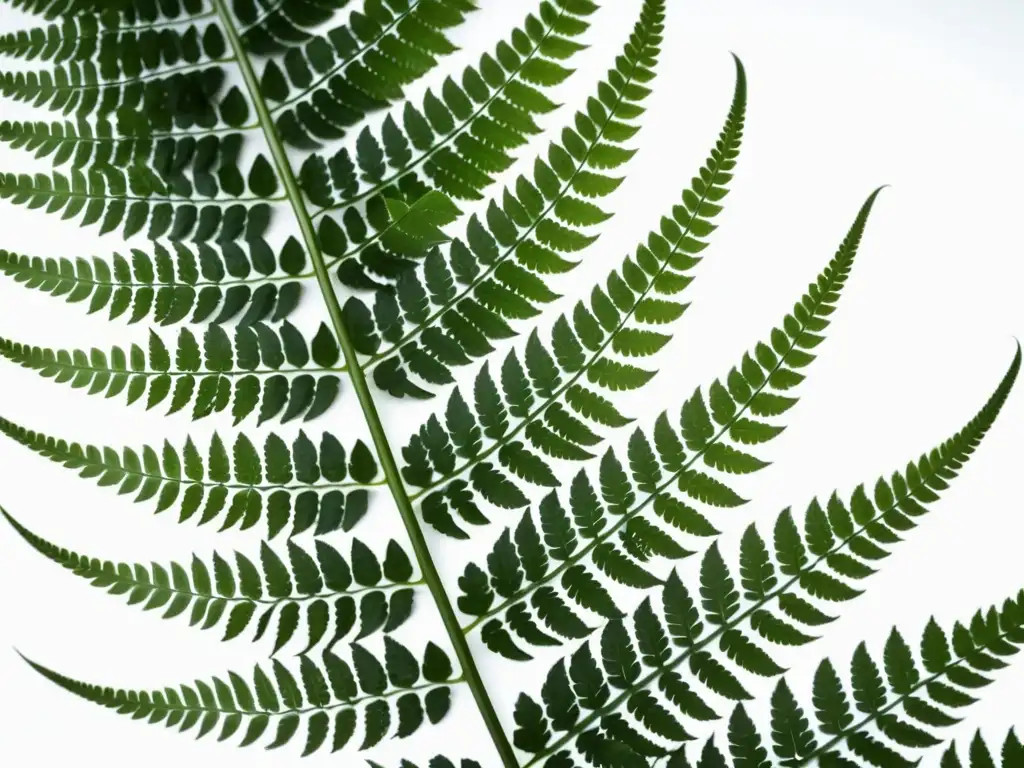 Detallada imagen de helecho verde exuberante con frondas simétricas, reflejando belleza natural