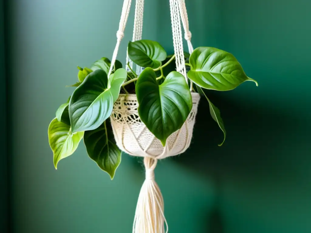 Detallada imagen de un jardín colgante interior, con un exuberante helecho pothos en un macramé blanco, iluminado por luz natural