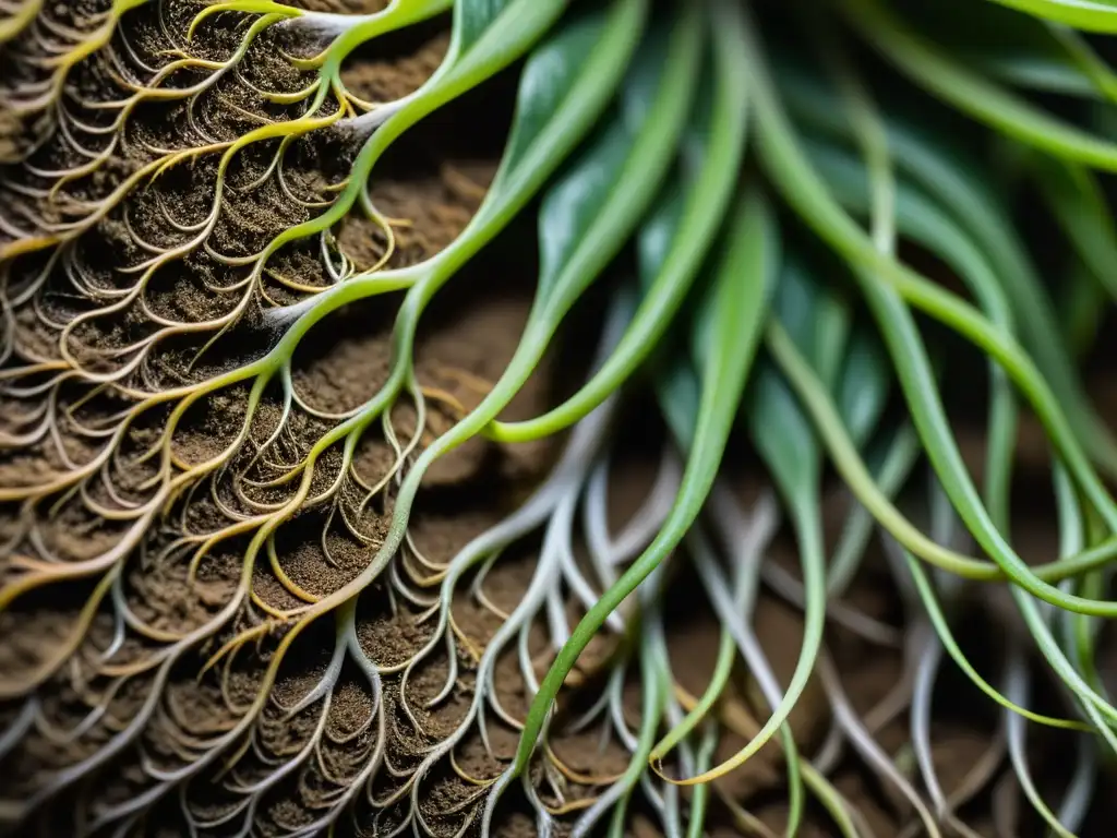 Detallada imagen de las intrincadas raíces de una planta de interior, fotografiando su belleza subterránea con suaves sombras y texturas sutiles