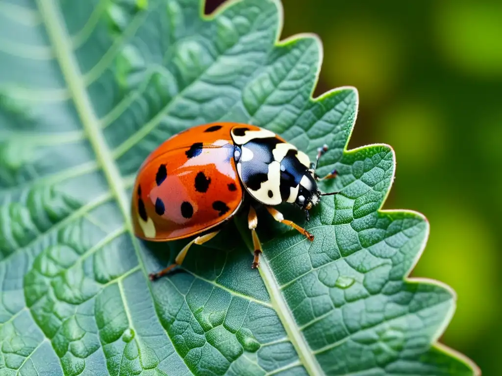 Detallada imagen de una mariquita sobre una hoja verde, mostrando sus alas y patas, resaltando el control de plagas natural en plantas de interior